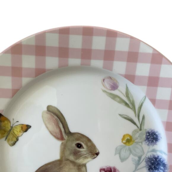 Grace Teaware Bunny Floral Pink Gingham 8in Side Salad Plates Set of 4 NEW - Picture 5 of 12